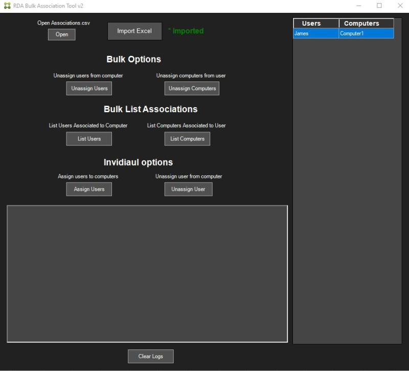 RDA Bulk Associations Tool application screenshot